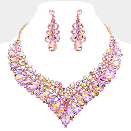 Teardrop Marquise Round Stone Embellished V Shaped Evening Necklace