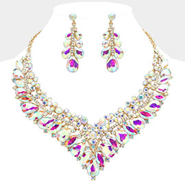 Teardrop Marquise Round Stone Embellished V Shaped Evening Necklace