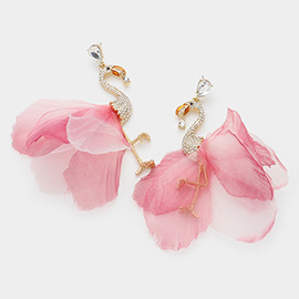 Stone Paved Mesh Petal Pointed Flamingo Dangle Earrings