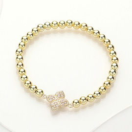 CZ Stone Paved Clover Pointed Metal Ball Beaded Stretch Bracelet