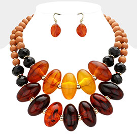 Glass Marquise Pebble Wood Beaded Layered Statement Necklace