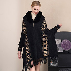 Greek Geometric Pattern Pointed Poncho with Fringe