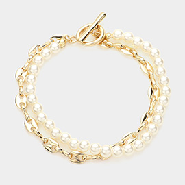 Pearl Mariner Link Layered Toggle Bracelet