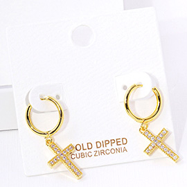 Gold Dipped CZ Stone Paved Cross Dangle Huggie Hoop Earrings