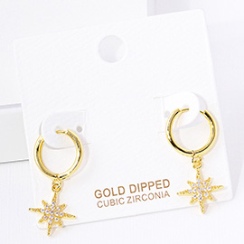 Gold Dipped CZ Stone Paved Northern Star Dangle Huggie Hoop Earrings