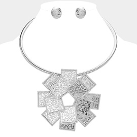 Geometric Textured Square Pendant Statement Necklace