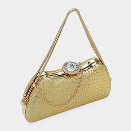 Crocodile Embossed Stone Clasp Closure Evening Bag