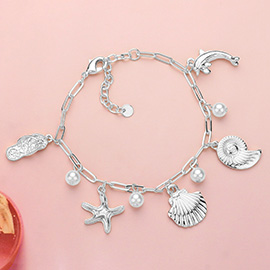 Metal Shell Flip Flop Dolphin Starfish Pearl Charm Station Paperclip Chain Bracelet