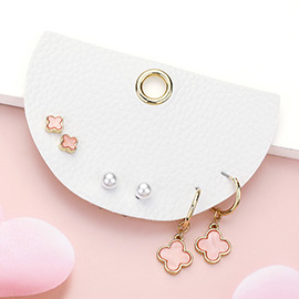 3Pairs - Quatrefoil Pearl Stud Quatrefoil Dangle Earring Set