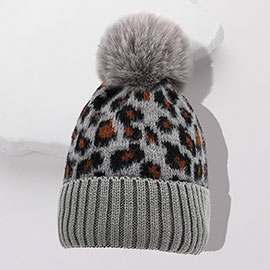 Leopard Pattern Pom Pom Beanie Hat