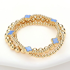 3PCS - Quatrefoil Station Metal Ball Beaded Stretch Multi Layered Bracelets