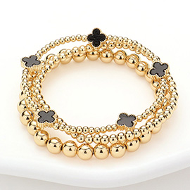 3PCS - Quatrefoil Station Metal Ball Beaded Stretch Multi Layered Bracelets