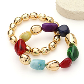 2PCS - Natural Pebble Stone Metal Ball Beaded Stretch Layered Bracelets