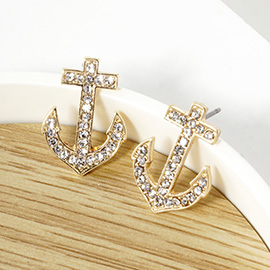 Crystal Stone Paved Anchor Stud Earrings