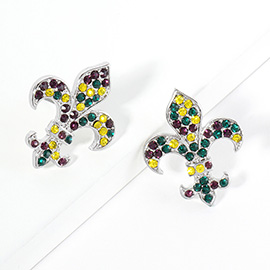 Crystal Stone Paved Mardi Gras Fleur de Lis Stud Earrings