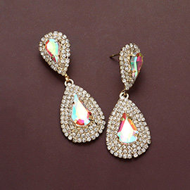 Teardrop Stone Centered Rhinestone Paved Rim Dangle Evening Earrings