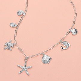 Puka Shell Turtle Starfish Dolphin Charm Station Paperclip Chain Necklace