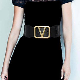 Metal V Buckle Accented Elastic Belt