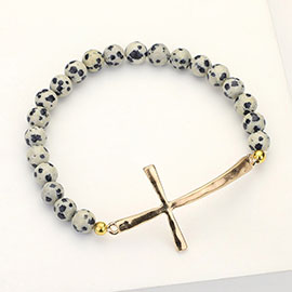 Hammered Metal Cross Semi Precious Natural Stone Beaded Stretch Bracelet