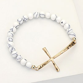 Hammered Metal Cross Semi Precious Natural Stone Beaded Stretch Bracelet