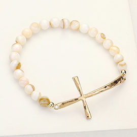 Hammered Metal Cross Semi Precious Natural Stone Beaded Stretch Bracelet