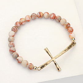 Hammered Metal Cross Semi Precious Natural Stone Beaded Stretch Bracelet