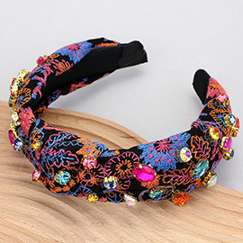 Flower Embroidered Stone Cluster Embellished Knot Headband