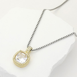 14K Gold Plated Square CZ Stone Pendant Necklace