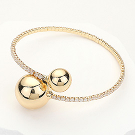 Metal Ball Tip Stone Paved Adjustable Bangle Bracelet