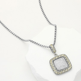 14K Gold Plated CZ Stone Paved Square Pendant Necklace