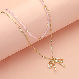 Metal Bow Pendant Seed Beaded Paperclip Chain Layered Necklace