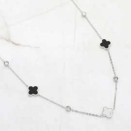 Stainless Steel Quatrefoil Stone Bezel Station Necklace