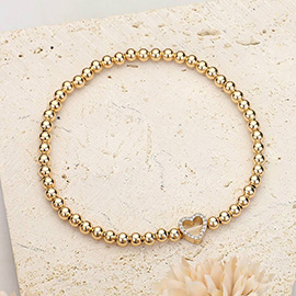 SECRET BOX_Stone Paved Heart Brass Metal Ball Beaded Stretch Bracelet