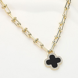 CZ Stone Paved Rim Quatrefoil Pendant Hardware Chain Necklace