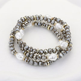 3PCS - Pearl Faceted Beaded Stretch Multi Layered Bracelets