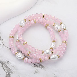 3PCS - Pearl Faceted Beaded Stretch Multi Layered Bracelets