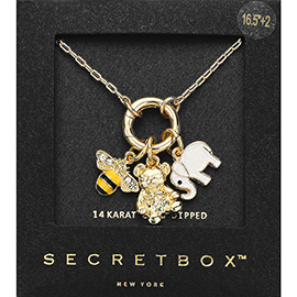 SECRET BOX_14K Gold Dipped Stone Paved Enamel Honey Bee Teddy Bear Elephant Pendant Necklace