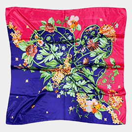 Abstract Flower Printed Square Silky Satin Scarf Shawl