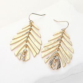 Stone Paved Textured Metal Tropical Leaf Dangle Earrings