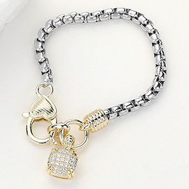 Cushion Cut CZ Stone Paved Charm Pointed Two Tone Bracelet