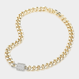 14K Gold Plated CZ Stone Paved Square Pointed Cuban Chain Magnetic Necklace