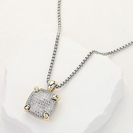 14K Gold Plated CZ Stone Paved Square Cushion Pendant Necklace